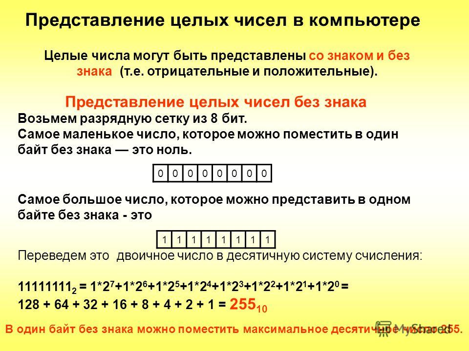 Представление чисел в компьютере. Представление чисел в компьютере. Целые числа. Представление целых чисел в ПК. Представление целых чисел со знаком.