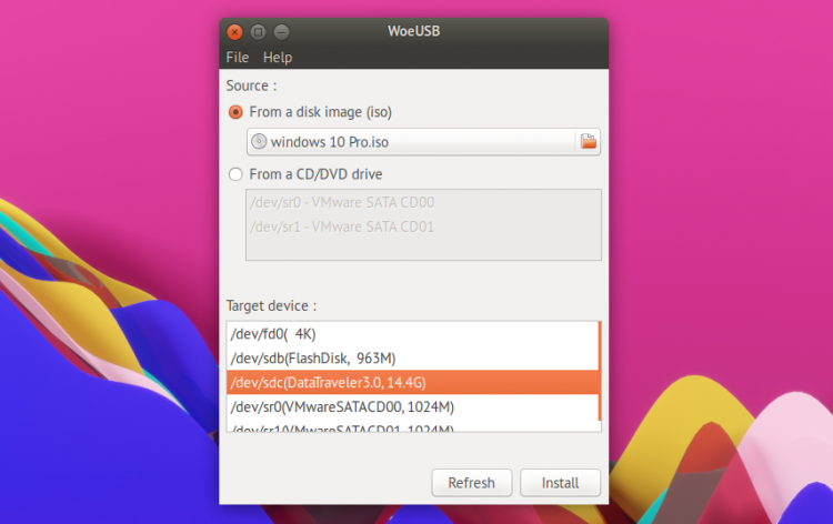 WoeUSB running on Ubuntu