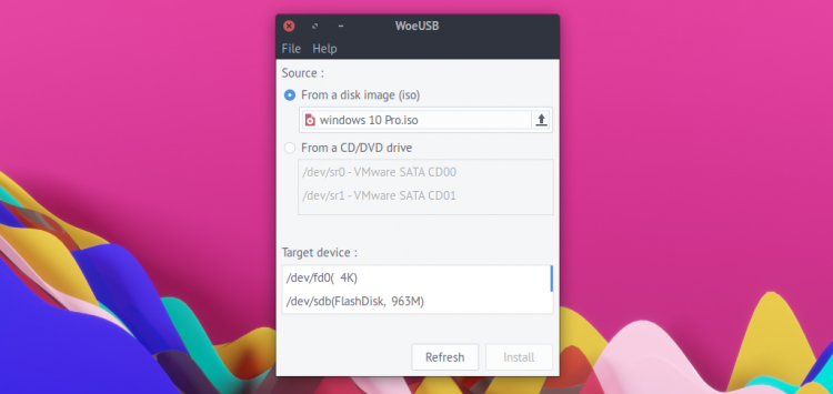 The WoeUSB tool on Ubuntu desktop