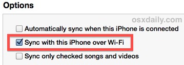 Wi-Fi Sync enabled in iTunes looks like this