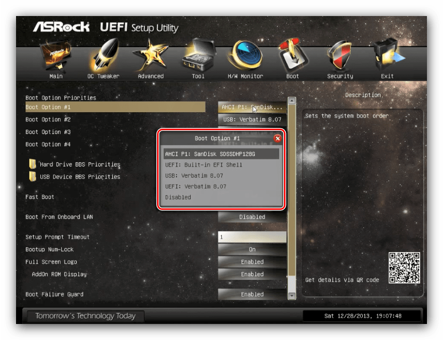 Носители в ASRock UEFI для установки диска в качестве основного носителя