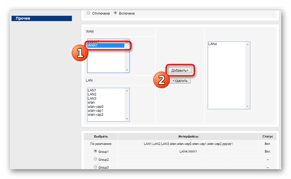 Включение VLAN в группу интерфейсов на роутере F@st 1744