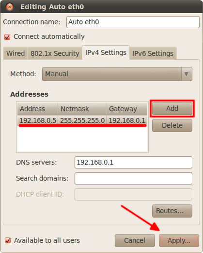 Параметры статического IP-адреса