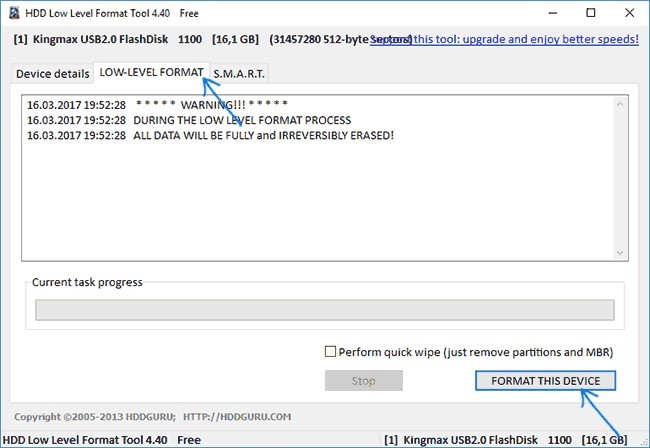 Интерфейс HDD Low Level Format Tool