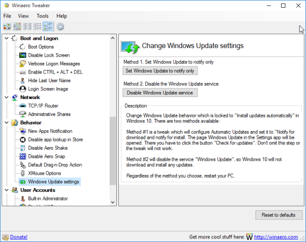 Winaero Tweaker disable windows update in Windows 10