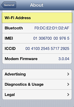 wifi address on iphone not displayed