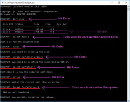 Diskpart - all commands to format SD card.