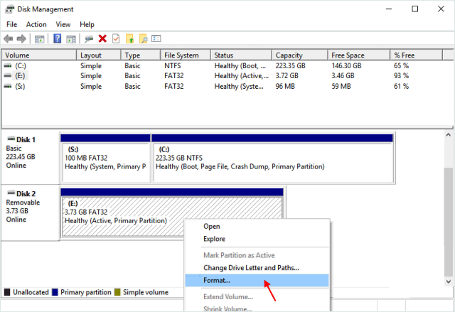 Format USB flash drive in Disk Management