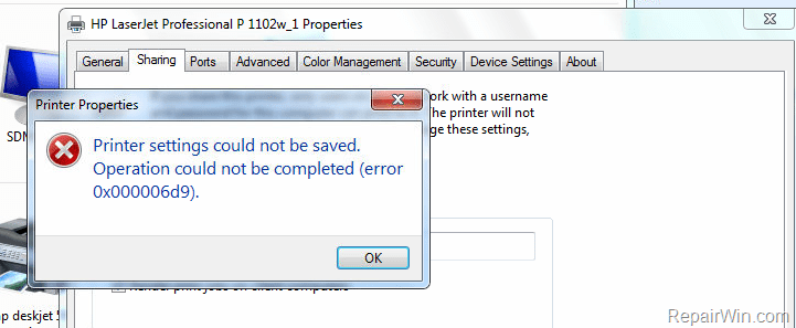 Error 0x000006D9 when sharing a printer